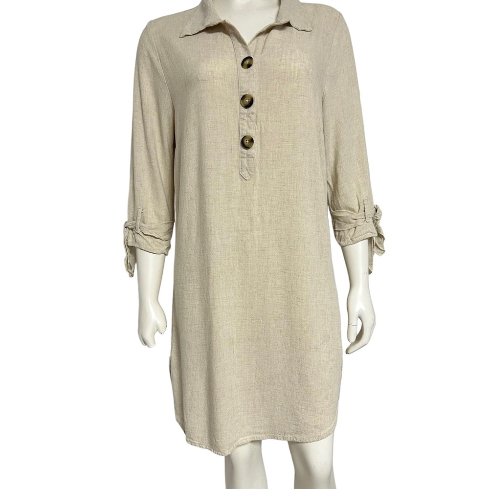Naif oatmeal‎ linen blend button tie sleeve dress.